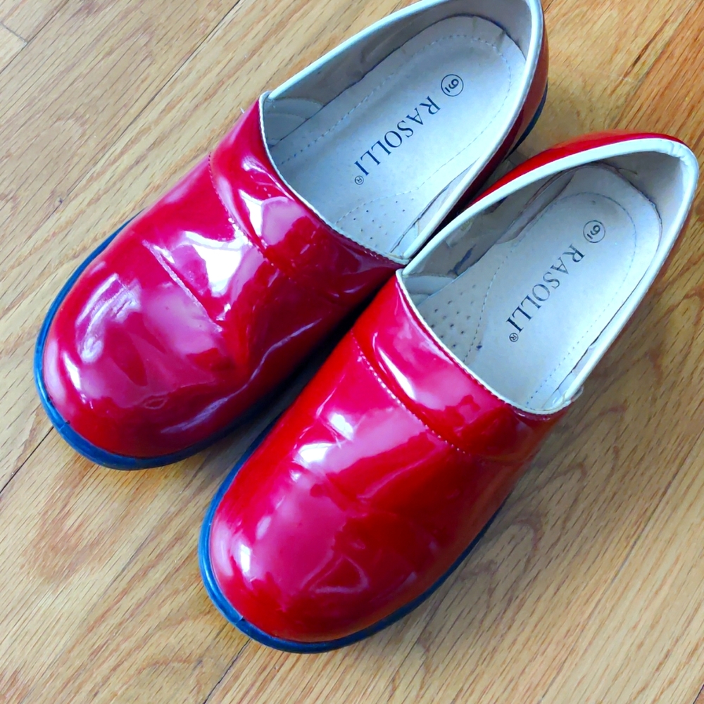Rasolli red leather black clogs size 9